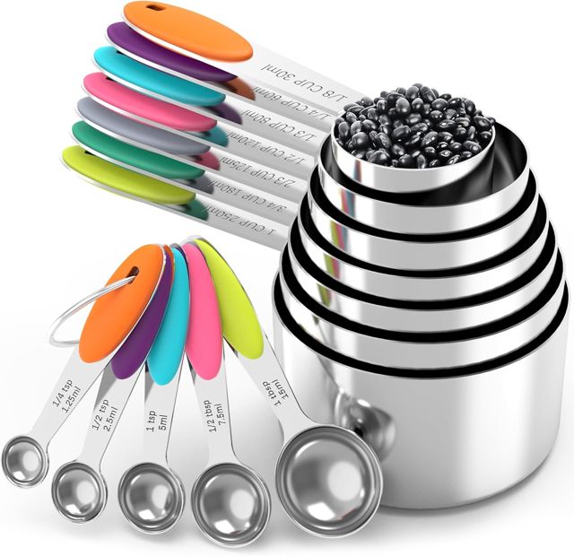 TILUCK Nesting Measuring Cups and Spoons Set, Stainless Steel with Silicone Handles (12 pc)